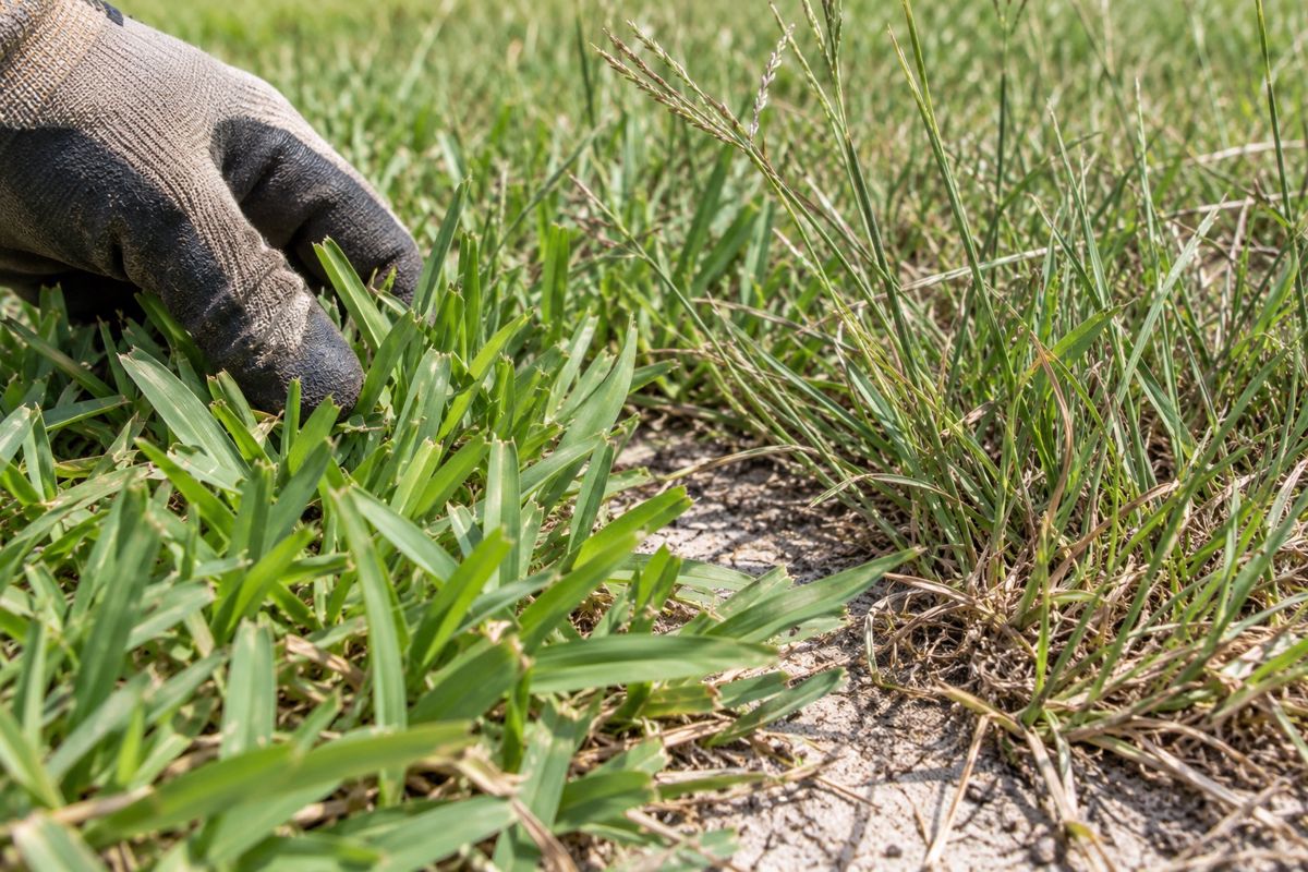 Close view of St. Augustine and Bahia grass blades on sandy soil