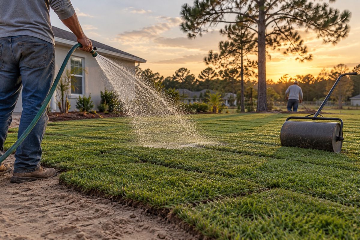 Newly laid sod being watered in a Florida yard at evening
