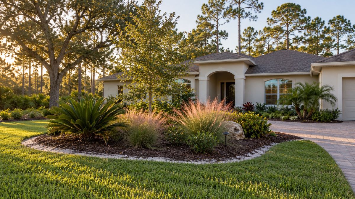 Landscaped front yard of a Spring Hill Florida home with mulch beds and oaks