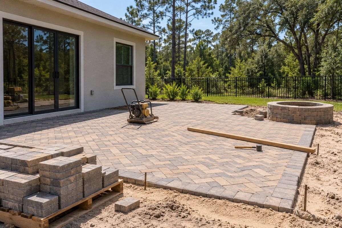 Paver patio being laid with a fire pit ring in a Florida back yard