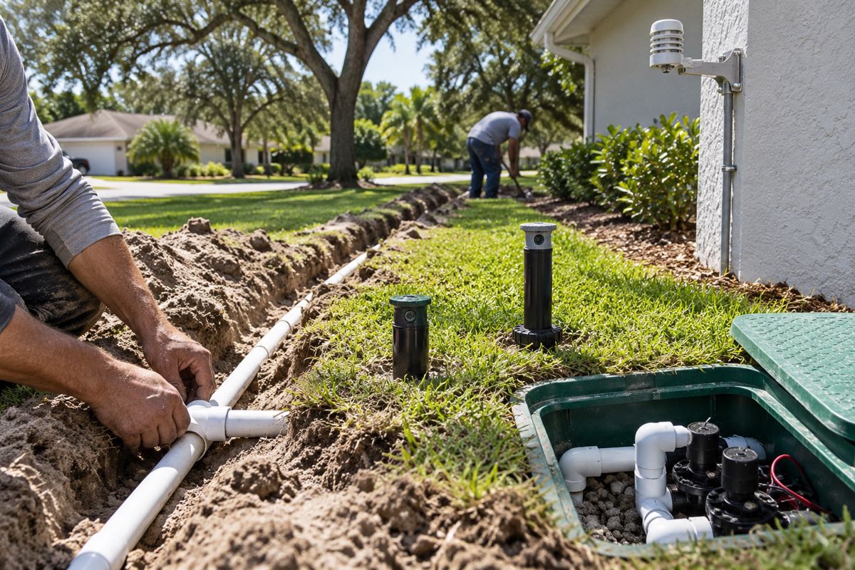 Trench with PVC pipe and sprinkler heads in a sandy Florida lawn