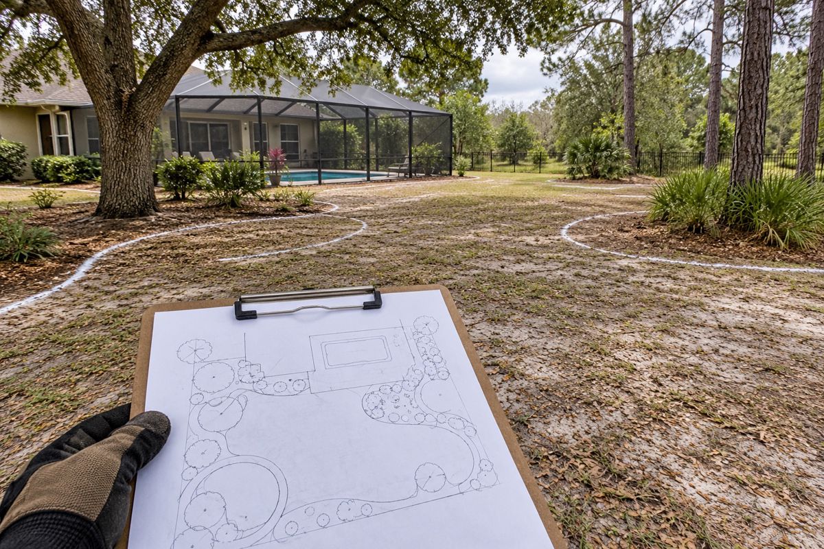 Spray-painted bed outlines on a sandy Florida back yard under oak trees