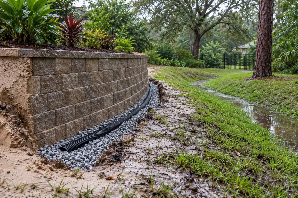 New block retaining wall with gravel drain and swale in a Florida yard