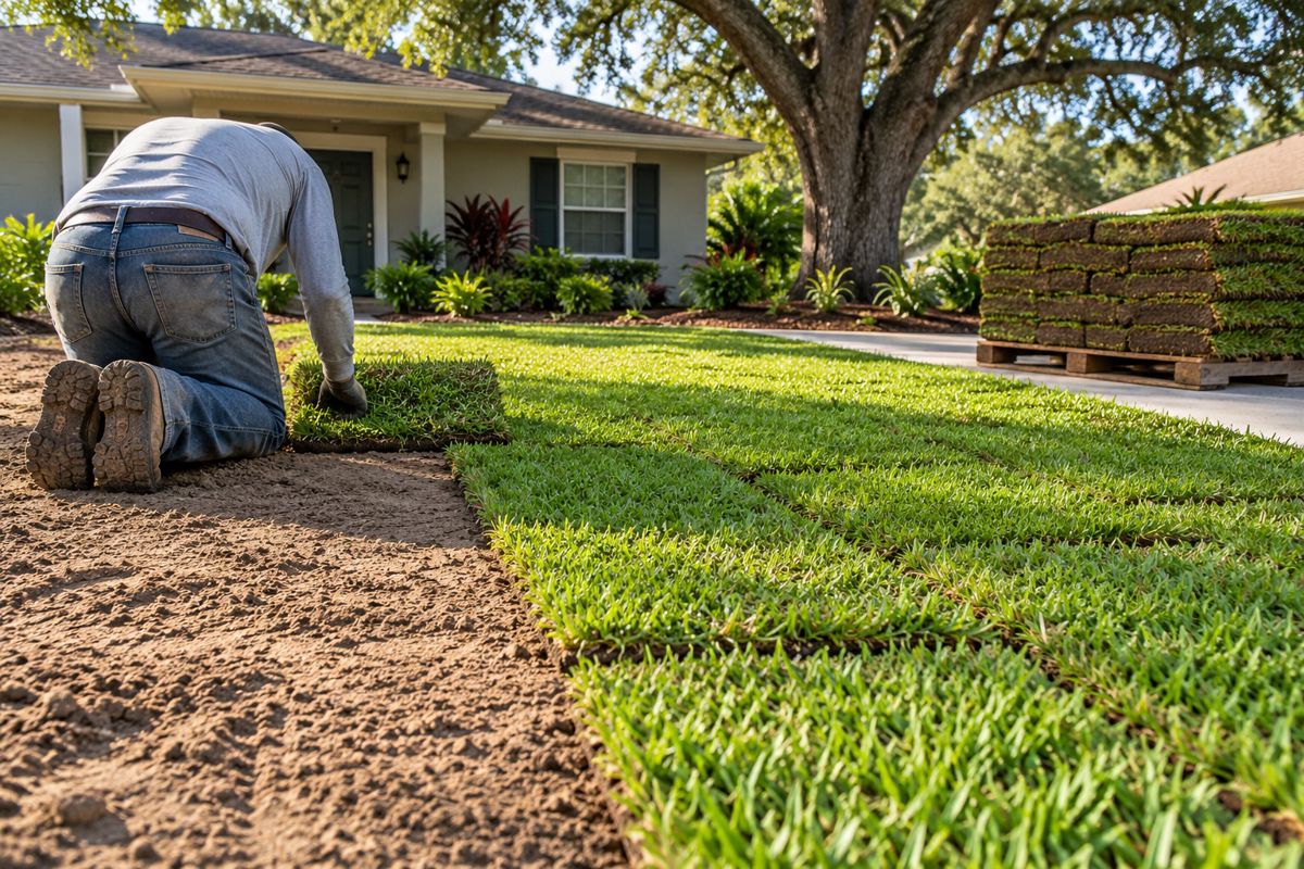 Workers laying fresh St. Augustine sod strips on a sandy Florida lawn